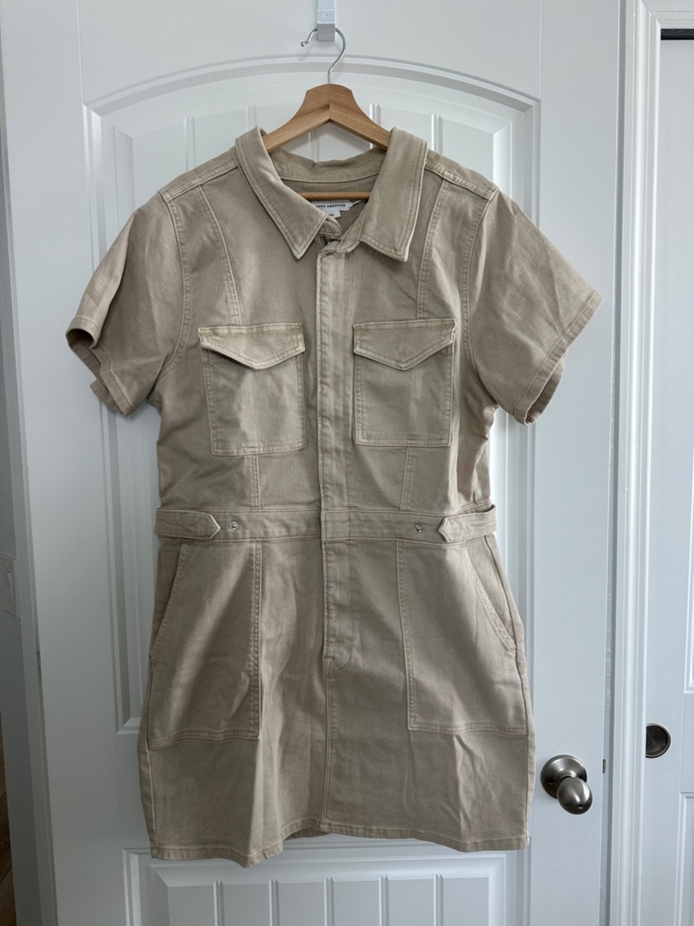 Good American Beige Short-Sleeve Utility Stretch Denim Shirt Dress